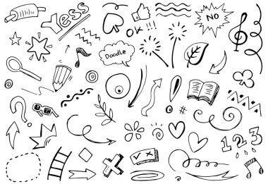 Soyut oklar, kurdeleler, taçlar, kalpler, patlamalar ve konsept tasarım için elde çizilmiş diğer elementler. Karalama çizimi. Dekorasyon için vektör şablonu