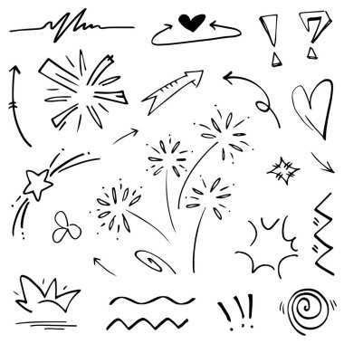 Soyut oklar, kurdeleler, taçlar, kalpler, patlamalar ve konsept tasarım için elde çizilmiş diğer elementler. Karalama çizimi. Dekorasyon için vektör şablonu