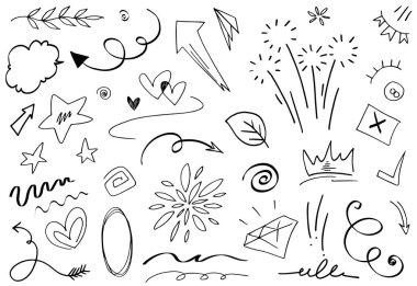 Soyut oklar, kurdeleler, taçlar, kalpler, patlamalar ve konsept tasarım için elde çizilmiş diğer elementler. Karalama çizimi. Dekorasyon için vektör şablonu