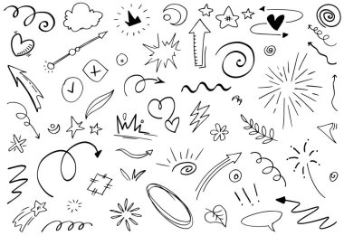 Soyut oklar, kurdeleler, taçlar, kalpler, patlamalar ve konsept tasarım için elde çizilmiş diğer elementler. Karalama çizimi. Dekorasyon için vektör şablonu