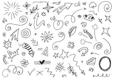 Soyut oklar, kurdeleler, taçlar, kalpler, patlamalar ve konsept tasarım için elde çizilmiş diğer elementler. Karalama çizimi. Dekorasyon için vektör şablonu
