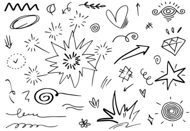 Soyut oklar, kurdeleler, taçlar, kalpler, patlamalar ve konsept tasarım için elde çizilmiş diğer elementler. Karalama çizimi. Dekorasyon için vektör şablonu