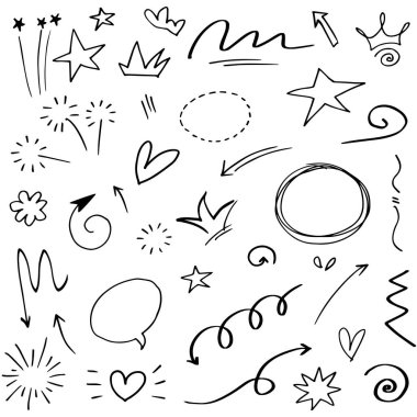 Soyut oklar, kurdeleler, taçlar, kalpler, patlamalar ve konsept tasarım için elde çizilmiş diğer elementler. Karalama çizimi. Dekorasyon için vektör şablonu