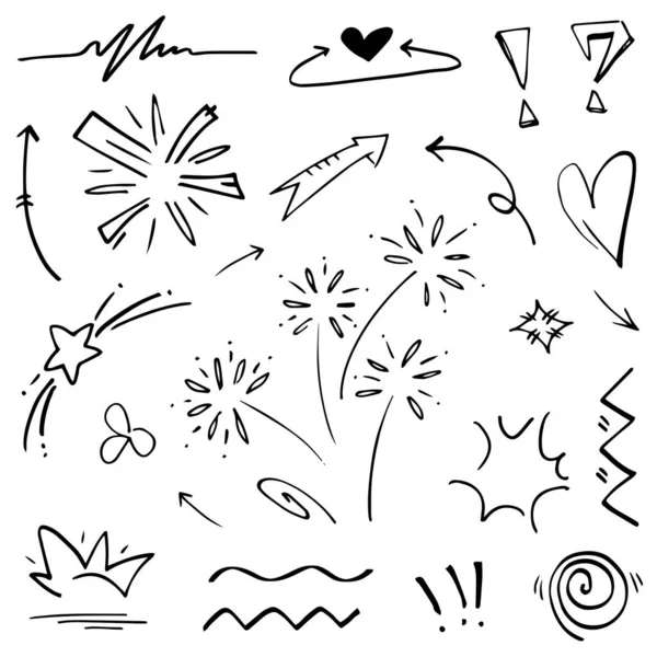 Soyut oklar, kurdeleler, taçlar, kalpler, patlamalar ve konsept tasarım için elde çizilmiş diğer elementler. Karalama çizimi. Dekorasyon için vektör şablonu