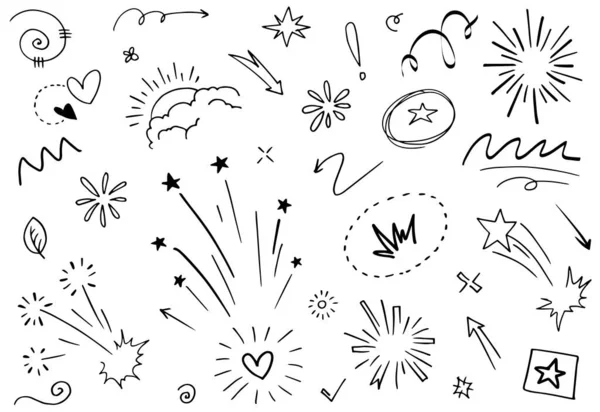 Soyut oklar, kurdeleler, taçlar, kalpler, patlamalar ve konsept tasarım için elde çizilmiş diğer elementler. Karalama çizimi. Dekorasyon için vektör şablonu
