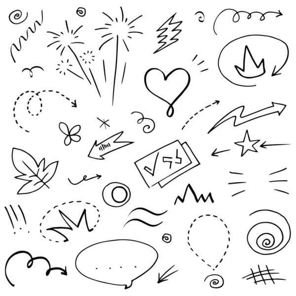 Soyut oklar, kurdeleler, taçlar, kalpler, patlamalar ve konsept tasarım için elde çizilmiş diğer elementler. Karalama çizimi. Dekorasyon için vektör şablonu