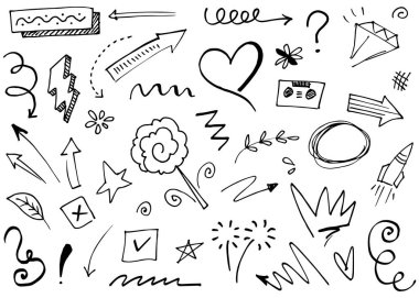 El çizimi elementler, soyut oklar, kurdeleler, kalpler, yıldızlar, taçlar ve diğer elementler konsept tasarımlar için el çizimi tarzında. Yazı illüstrasyonu. Vektör illüstrasyonu.