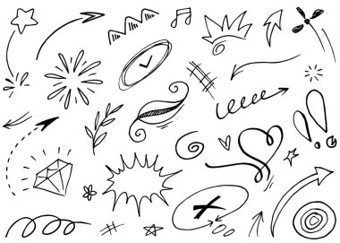 El çizimi elementler, soyut oklar, kurdeleler, kalpler, yıldızlar, taçlar ve diğer elementler konsept tasarımlar için el çizimi tarzında. Yazı illüstrasyonu. Vektör illüstrasyonu.