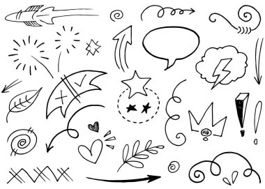 El çizimi elementler, soyut oklar, kurdeleler, kalpler, yıldızlar, taçlar ve diğer elementler konsept tasarımlar için el çizimi tarzında. Yazı illüstrasyonu. Vektör illüstrasyonu.