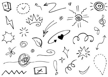 El yapımı elementler, soyut oklar, kurdele, kalp, yıldız yaprağı, taç ve konsept tasarım için elde çizilmiş diğer elementler. Yazı illüstrasyonu. Vektör illüstrasyonu.