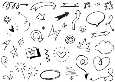 El yapımı elementler, soyut oklar, kurdele, kalp, yıldız yaprağı, taç ve konsept tasarım için elde çizilmiş diğer elementler. Yazı illüstrasyonu. Vektör illüstrasyonu.