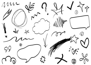 El yapımı elementler, soyut oklar, kurdele, kalp, yıldız yaprağı, taç ve konsept tasarım için elde çizilmiş diğer elementler. Yazı illüstrasyonu. Vektör illüstrasyonu.