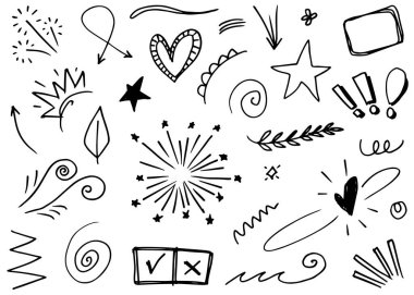 El yapımı elementler, soyut oklar, kurdele, kalp, yıldız yaprağı, taç ve konsept tasarım için elde çizilmiş diğer elementler. Yazı illüstrasyonu. Vektör illüstrasyonu.