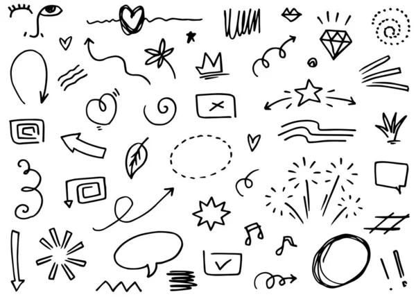 El yapımı elementler, soyut oklar, kurdele, kalp, yıldız yaprağı, taç ve konsept tasarım için elde çizilmiş diğer elementler. Yazı illüstrasyonu. Vektör illüstrasyonu.