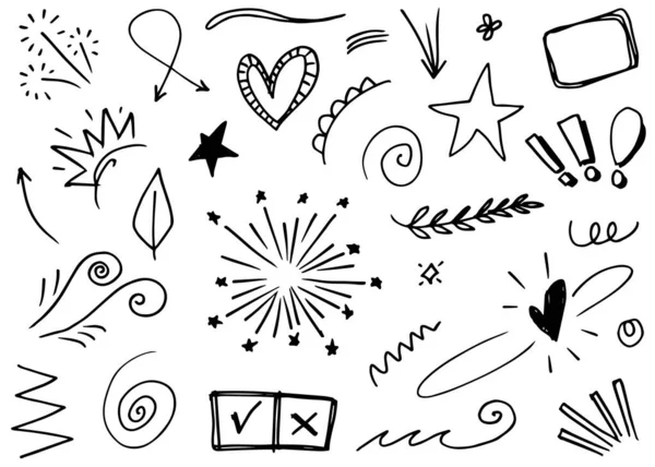 El yapımı elementler, soyut oklar, kurdele, kalp, yıldız yaprağı, taç ve konsept tasarım için elde çizilmiş diğer elementler. Yazı illüstrasyonu. Vektör illüstrasyonu.