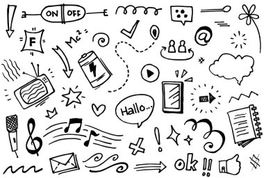 El yapımı elementler, soyut oklar, kurdele, kalp, yıldız yaprağı, taç ve konsept tasarım için elde çizilmiş diğer elementler. Yazı illüstrasyonu. Vektör illüstrasyonu.