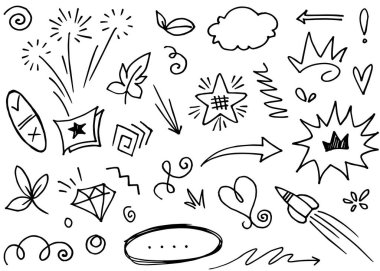 El yapımı elementler, soyut oklar, kurdele, kalp, yıldız yaprağı, taç ve konsept tasarım için elde çizilmiş diğer elementler. Yazı illüstrasyonu. Vektör illüstrasyonu.