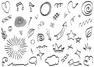El yapımı elementler, soyut oklar, kurdele, kalp, yıldız yaprağı, taç ve konsept tasarım için elde çizilmiş diğer elementler. Yazı illüstrasyonu. Vektör illüstrasyonu.