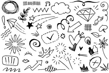 El yapımı elementler, soyut oklar, kurdele, kalp, yıldız yaprağı, taç ve konsept tasarım için elde çizilmiş diğer elementler. Yazı illüstrasyonu. Vektör illüstrasyonu.