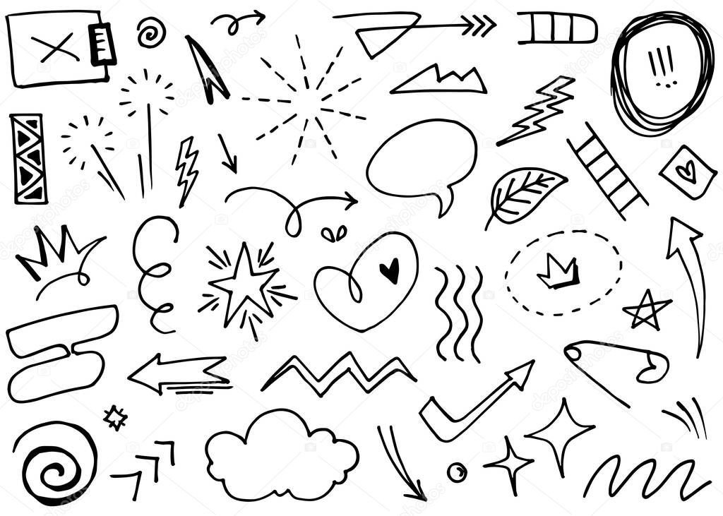 Hand drawn set elements, Abstract arrows, ribbon, heart, star leaf, crown and other elements in hand drawn style for concept design. Scribble illustration. Vector illustration.