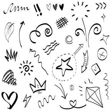 Soyut oklar, kurdeleler, taçlar, kalpler, patlamalar ve konsept tasarım için elde çizilmiş diğer elementler. Karalama çizimi. Dekorasyon için vektör şablonu