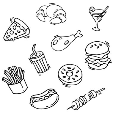 Fast Food Doodle Simgeleri. El yapımı Çizgi Sanatı. Menü Restoranı. Meşhur yemek. Logotype Sembol Tasarımı. vektör illüstrasyonu