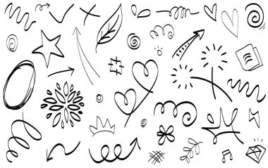 Soyut oklar, kurdeleler, taçlar, kalpler, patlamalar ve konsept tasarım için elde çizilmiş diğer elementler. Karalama çizimi. Dekorasyon için vektör şablonu