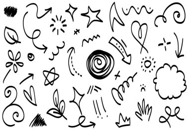 Soyut oklar, kurdeleler, taçlar, kalpler, patlamalar ve konsept tasarım için elde çizilmiş diğer elementler. Karalama çizimi. Dekorasyon için vektör şablonu