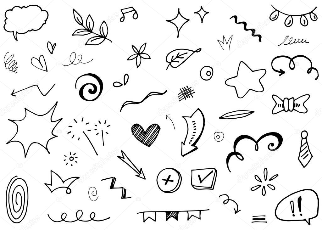 Abstract arrows, ribbons, crowns, hearts, explosions and other elements in hand drawn style for concept design. Doodle illustration. Vector template for decoration