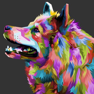 Renkli bir köpek kafası ve izole edilmiş pop sanat tarzı bir arka plan. WPAP biçimi