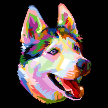 Renkli bir köpek kafası ve izole edilmiş pop sanat tarzı bir arka plan. WPAP biçimi