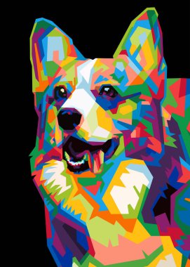 Popüler sanat tarzında izole edilmiş renkli Galli Corgi köpek kafası. WPAP biçimi