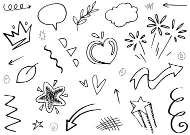 Soyut oklar, kurdeleler, taçlar, kalpler, patlamalar ve konsept tasarım için elde çizilmiş diğer elementler. Karalama çizimi. Dekorasyon için vektör şablonu