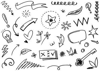 Soyut oklar, kurdeleler, taçlar, kalpler, patlamalar ve konsept tasarım için elde çizilmiş diğer elementler. Karalama çizimi. Dekorasyon için vektör şablonu