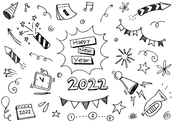 New Year Party Doodle Elements Black Isolated White Background Vector — Stock Vector
