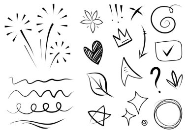 Soyut oklar, kurdeleler, taçlar, kalpler, patlamalar ve konsept tasarım için elde çizilmiş diğer elementler. Karalama çizimi. Dekorasyon için vektör şablonu