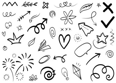 Soyut oklar, kurdeleler, taçlar, kalpler, patlamalar ve konsept tasarım için elde çizilmiş diğer elementler. Karalama çizimi. Dekorasyon için vektör şablonu