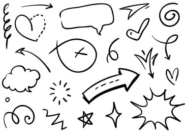 Soyut oklar, kurdeleler, taçlar, kalpler, patlamalar ve konsept tasarım için elde çizilmiş diğer elementler. Karalama çizimi. Dekorasyon için vektör şablonu