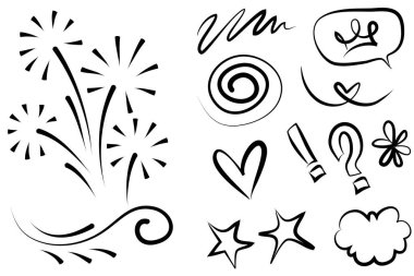 Soyut oklar, kurdeleler, taçlar, kalpler, patlamalar ve konsept tasarım için elde çizilmiş diğer elementler. Karalama çizimi. Dekorasyon için vektör şablonu