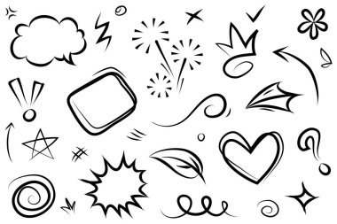 Soyut oklar, kurdeleler, taçlar, kalpler, patlamalar ve konsept tasarım için elde çizilmiş diğer elementler. Karalama çizimi. Dekorasyon için vektör şablonu