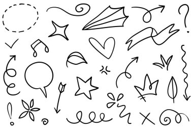 Soyut oklar, kurdeleler, taçlar, kalpler, patlamalar ve konsept tasarım için elde çizilmiş diğer elementler. Karalama çizimi. Dekorasyon için vektör şablonu