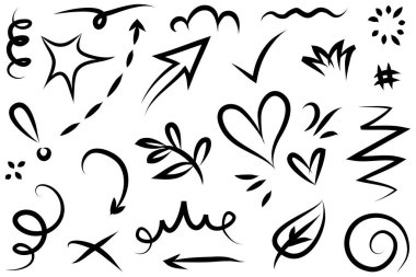 Soyut oklar, kurdeleler, taçlar, kalpler, patlamalar ve konsept tasarım için elde çizilmiş diğer elementler. Karalama çizimi. Dekorasyon için vektör şablonu