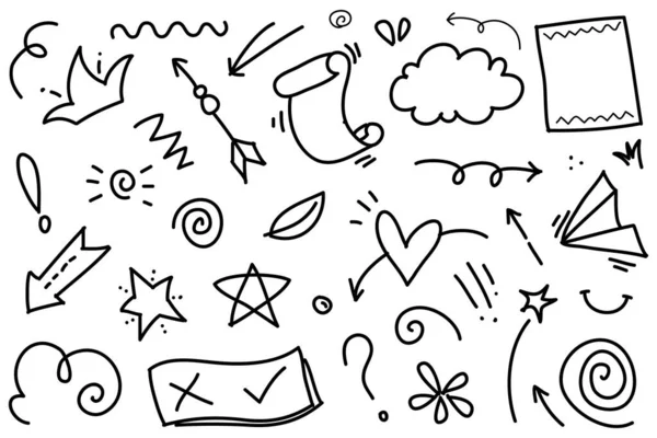 Soyut oklar, kurdeleler, taçlar, kalpler, patlamalar ve konsept tasarım için elde çizilmiş diğer elementler. Karalama çizimi. Dekorasyon için vektör şablonu