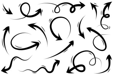 Soyut oklar, kurdeleler, taçlar, kalpler, patlamalar ve konsept tasarım için elde çizilmiş diğer elementler. Karalama çizimi. Dekorasyon için vektör şablonu