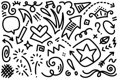 Soyut oklar, kurdeleler, taçlar, kalpler, patlamalar ve konsept tasarım için elde çizilmiş diğer elementler. Karalama çizimi. Dekorasyon için vektör şablonu