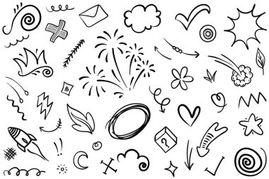 Soyut oklar, kurdeleler, taçlar, kalpler, patlamalar ve konsept tasarım için elde çizilmiş diğer elementler. Karalama çizimi. Dekorasyon için vektör şablonu