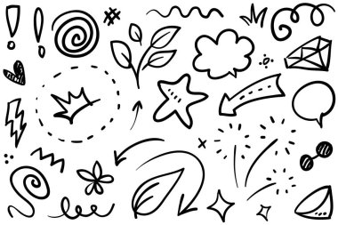 Soyut oklar, kurdeleler, taçlar, kalpler, patlamalar ve konsept tasarım için elde çizilmiş diğer elementler. Karalama çizimi. Dekorasyon için vektör şablonu