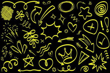 Soyut oklar, kurdeleler, taçlar, kalpler, patlamalar ve konsept tasarım için elde çizilmiş diğer elementler. Renkli karalama çizimi. Dekorasyon için vektör şablonu