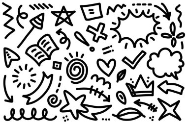 Soyut oklar, kurdeleler, taçlar, kalpler, patlamalar ve konsept tasarım için elde çizilmiş diğer elementler. Karalama çizimi. Dekorasyon için vektör şablonu