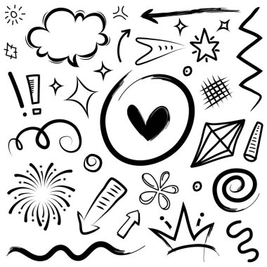 Soyut oklar, kurdeleler, taçlar, kalpler, patlamalar ve konsept tasarım için elde çizilmiş diğer elementler. Karalama çizimi. Dekorasyon için vektör şablonu